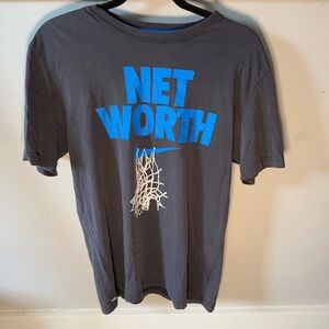 Nike Grey Basketball Net Worth Tee with Blue and White Lettering